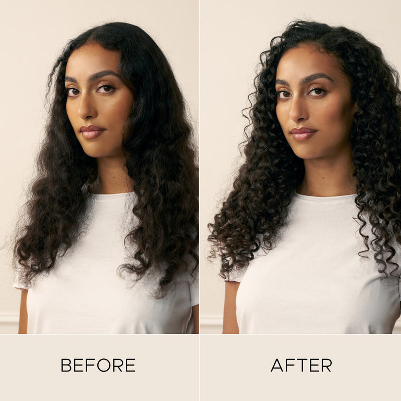 Before and after comparison of a woman with long, wavy hair.