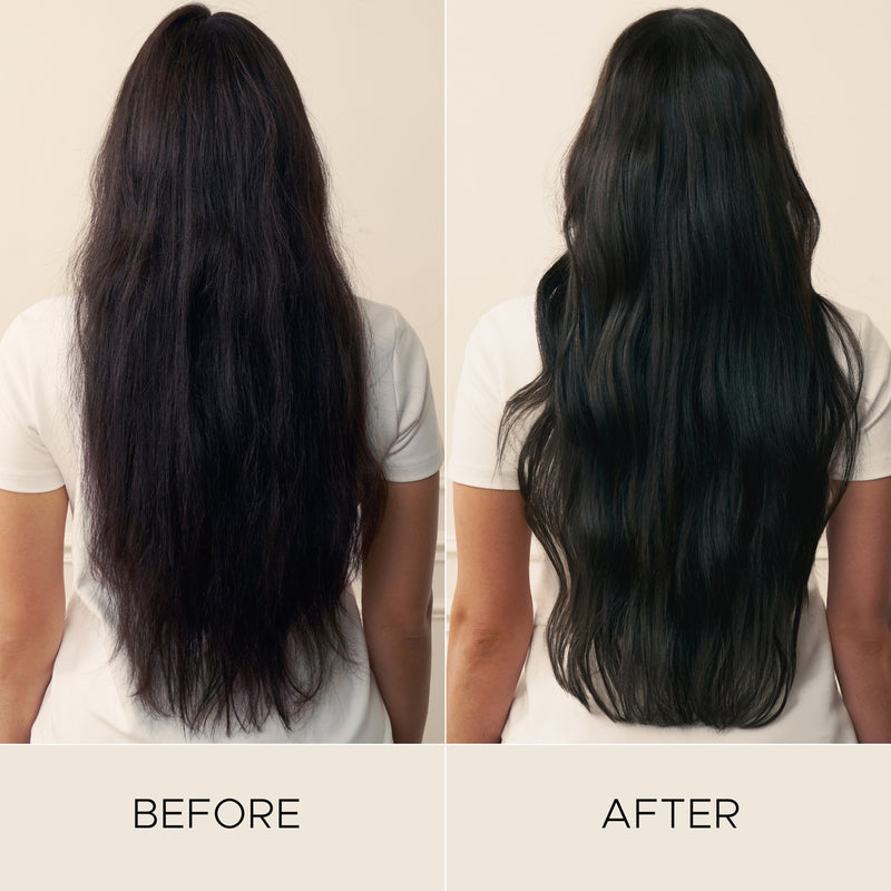 Before and after results of using the Regenerating range shown on a person's long black hair 
