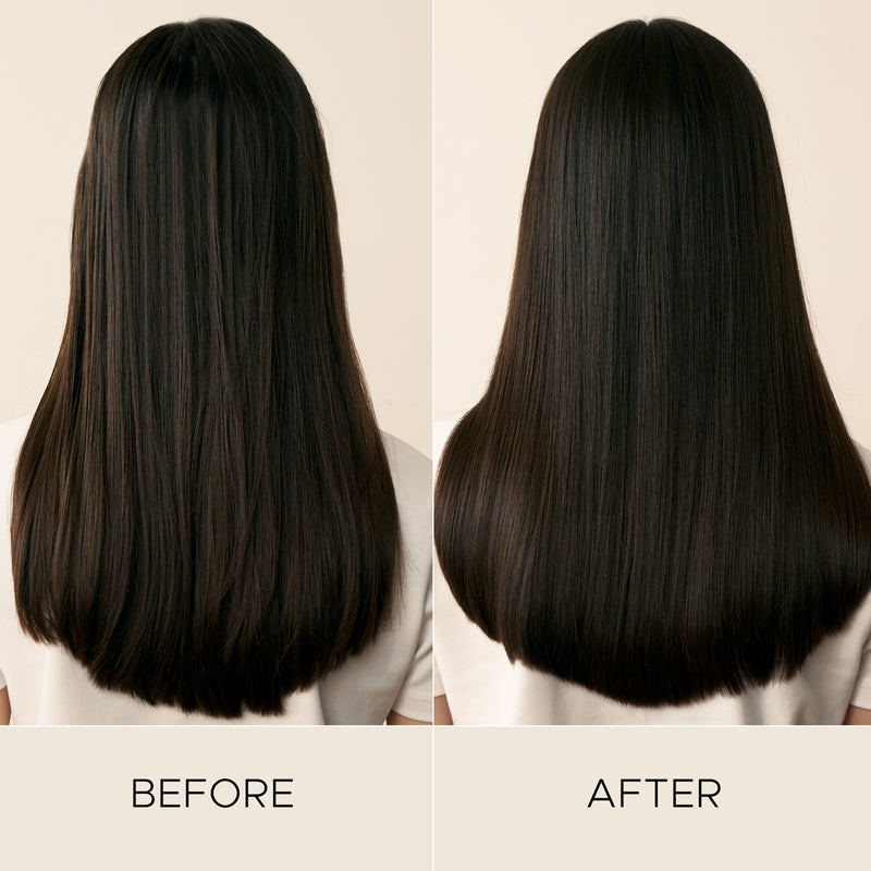 Before and after comparison for Christophe Robin's purifying range on long, straight black hair on a neutral background 