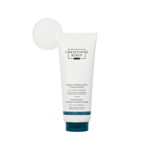 Tube of Christophe Robin Purifying conditioner gelee with swatch on a white background