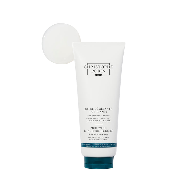 Tube of Christophe Robin Purifying conditioner gelee with swatch on a white background