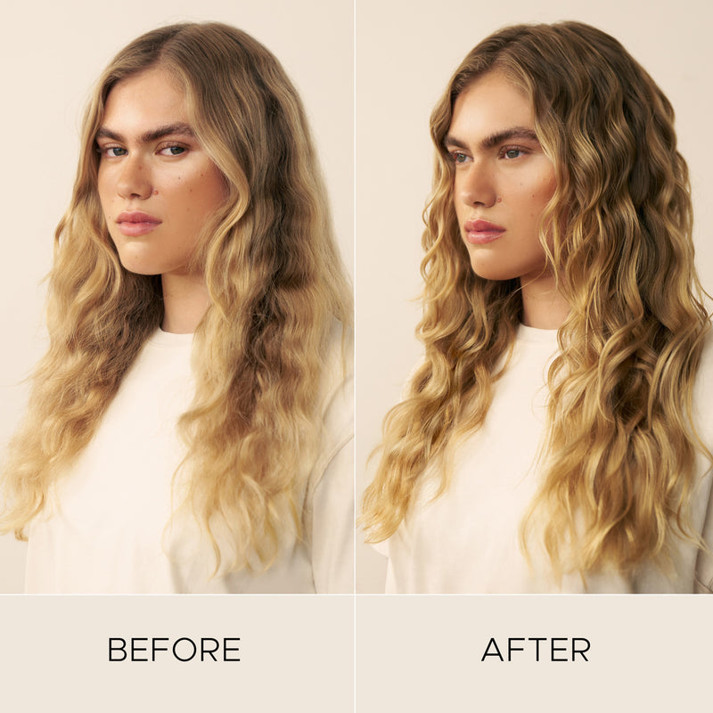 Before and after comparison of how Christophe Robin Shade variation mask in golden blonde affects a woman's blonde wavy hair on a plain background