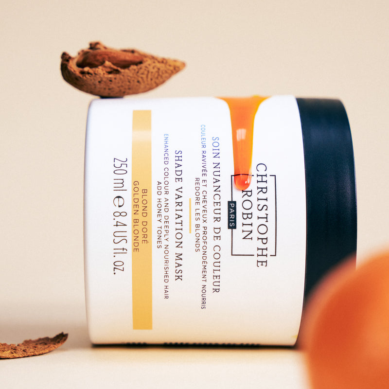 Christophe Robin Shade Variation mask in golden blonde with apricot kernel extracts on beige background 