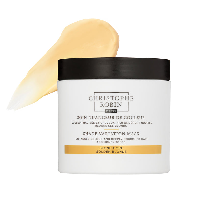 Christophe Robin shade variation mask om golden blonde with a swatch of product on a white background 