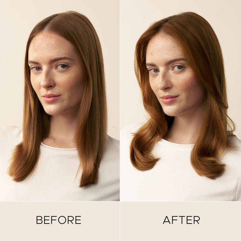 Before and after comparison showing the effect of Christophe Robin's chic copper mask on a woman with light red hair