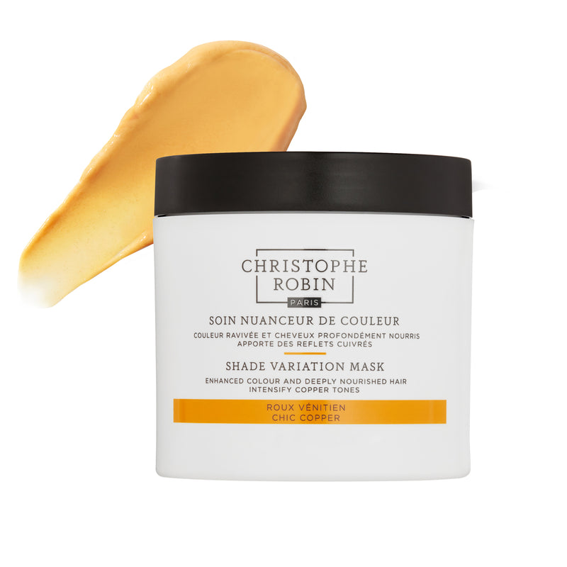 Christophe Robin shade variation mask in chic copper with a swatch of mask on a white background