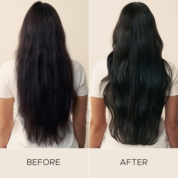 Before and After example showing the effect of Christophe Robin shade variation mask in Ash  brown on long, dark hair