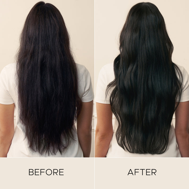 Before and After example showing the effect of Christophe Robin shade variation mask in Ash  brown on long, dark hair