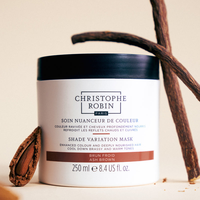 Christophe Robin shade variation mask pot in ash brown showing ingredients including almonds and licorice