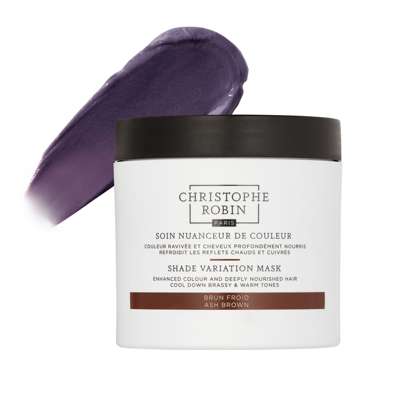 Jar of Christophe Robin shade variation mask in Ash Brown with colour and texture swatch 