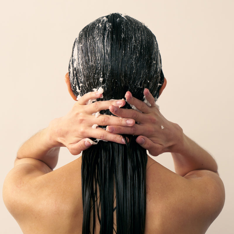 Person with correctly applied Cleansing purifying scrub to wet hair against a plain background