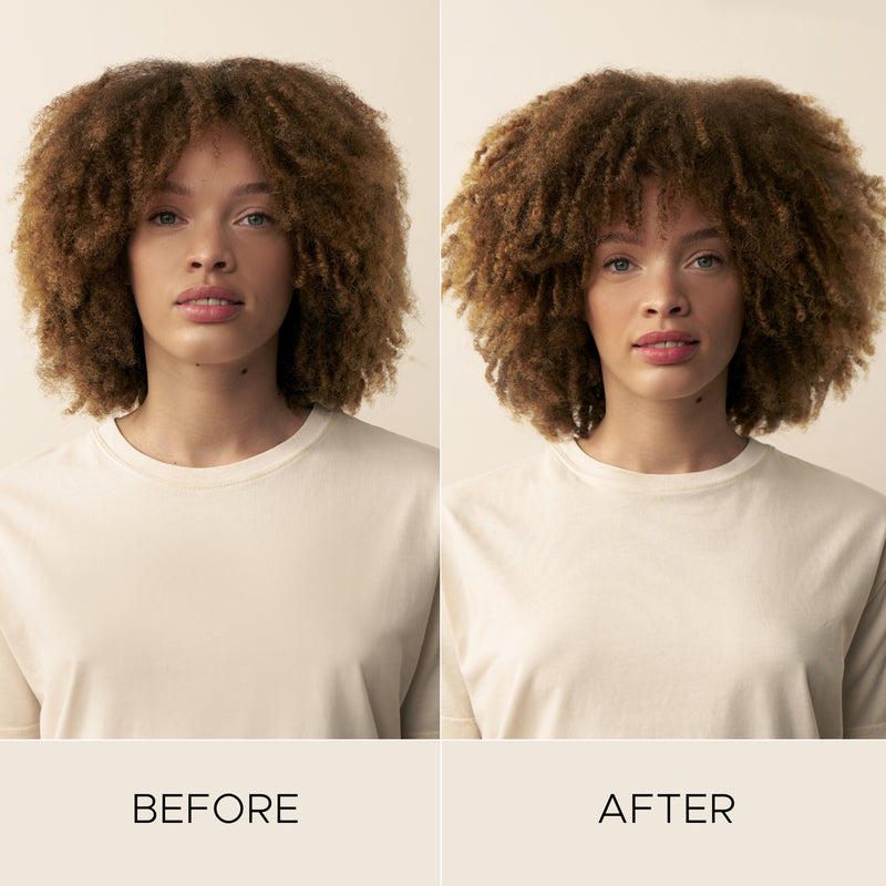Before and after comparison of a woman with curly hair against a neutral background