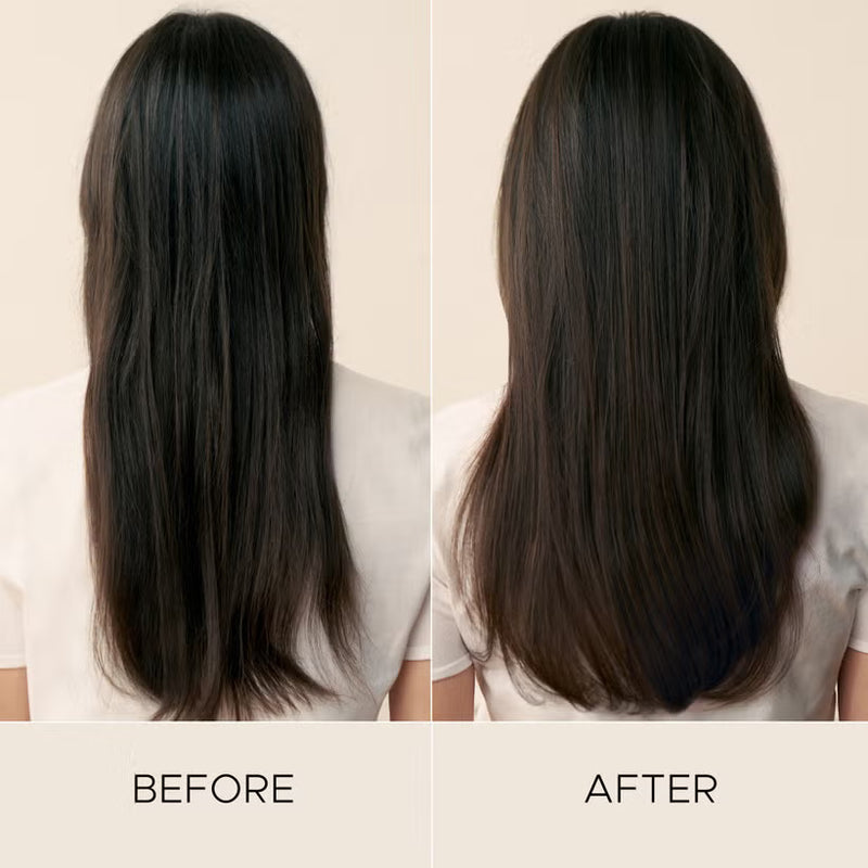 Before and after comparison of long, dark hair on a neutral background after using the Christophe Robin Hydrating range