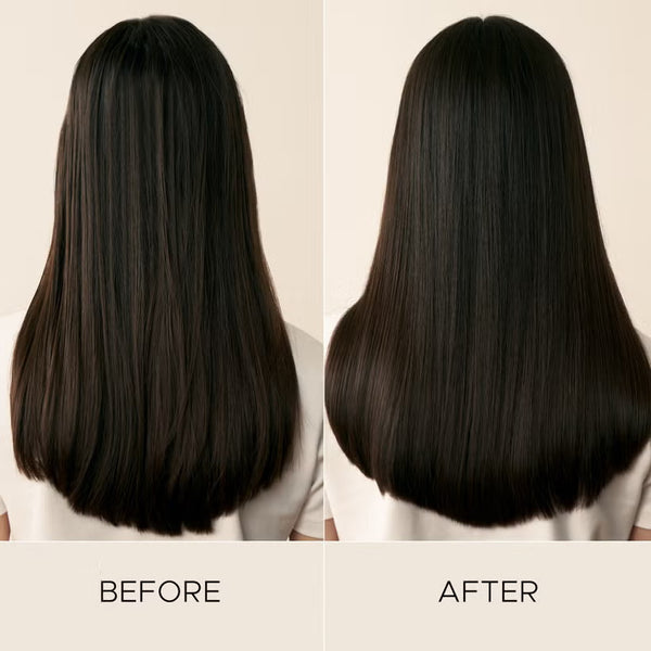 Before and after results for Christophe Robin purifying routine on long, straight black hair on a neutral background