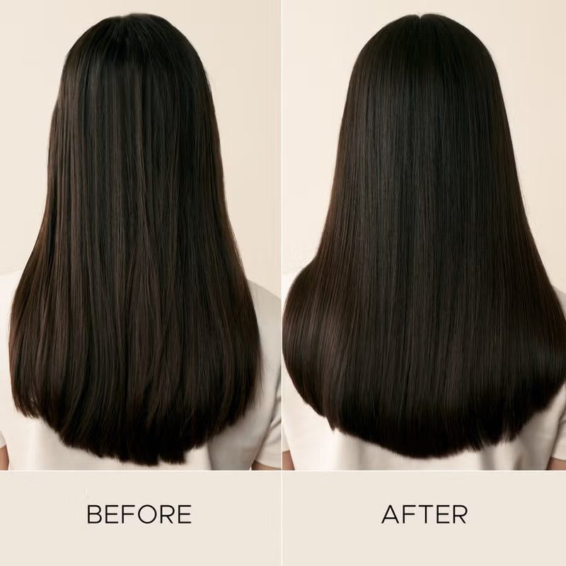 Before and after results for Christophe Robin purifying routine on long, straight black hair on a neutral background