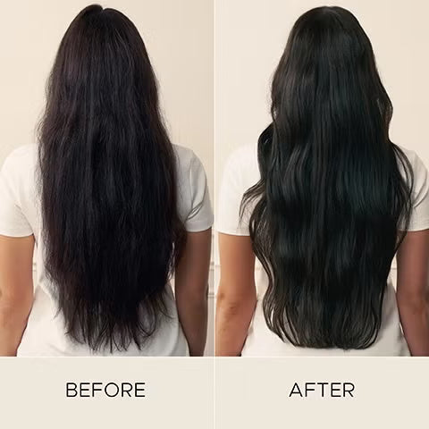 Before and after using Christophe Robin's Regenerating routine on long black hair on a person wearing a white shirt.