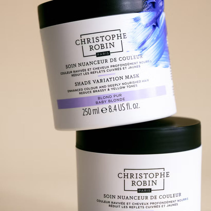 Two containers of Christophe Robin Shade variation mask in baby blonde variation showing colour and texture 