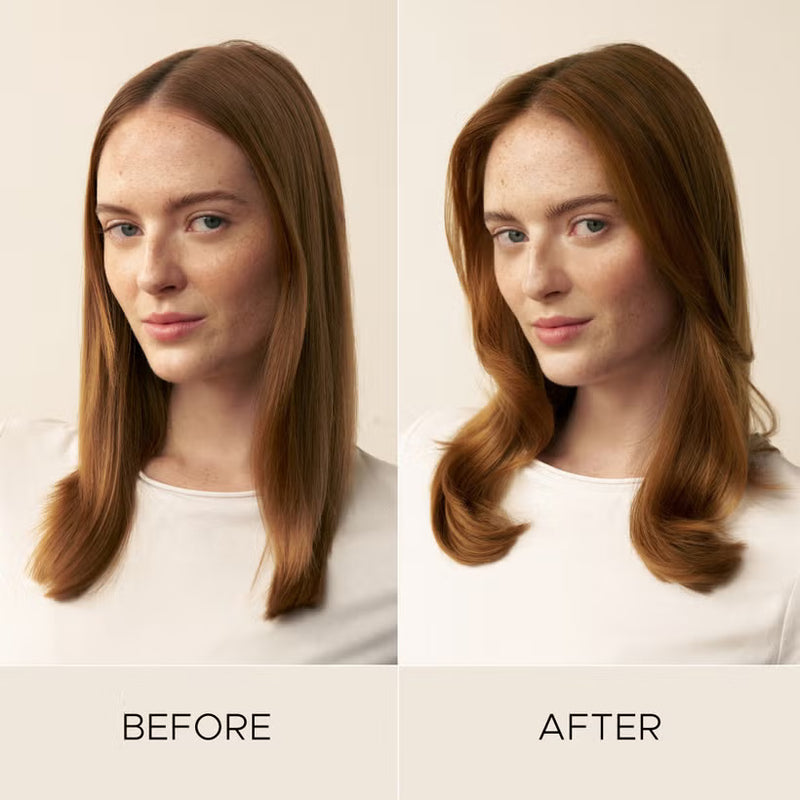 Before and after comparison of a woman with styled volumised hair on a plain background