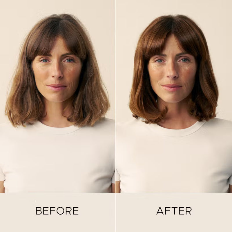 Before and after example of woman with brown hair after using Christophe Robin shade variation mask in warm chestnut variant 